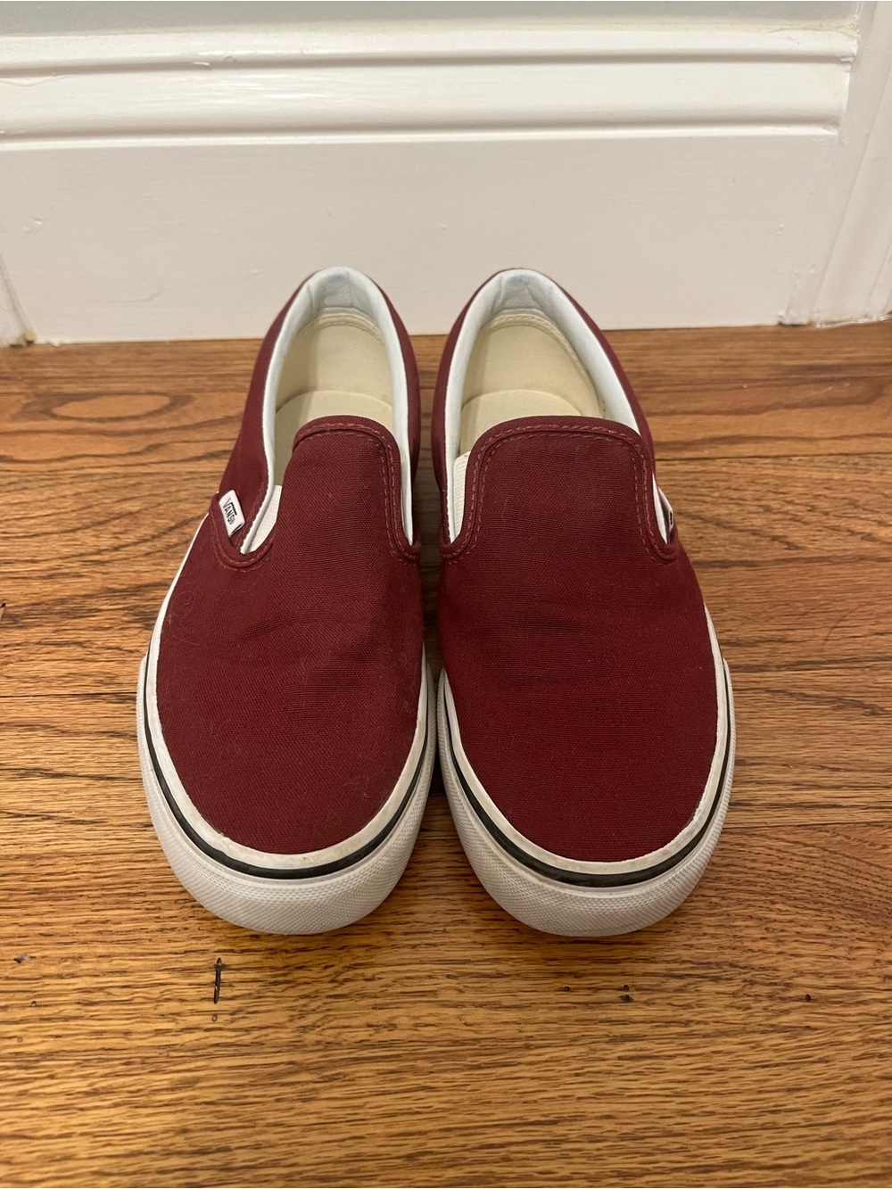 Vans Slip-On Canvas Sneakers in Maroon and White